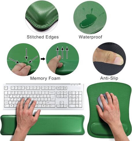 Mydours PU Leather Keyboard Wrist Rest & Mouse Wrist Support Set for Computers & Laptop, Ergonomic Design Memory Foam and Non-Slip Rubber Base for Easy Typing (Green) in Saudi Arabia