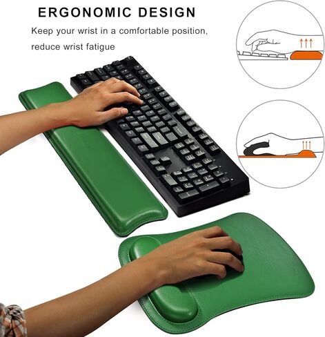 Mydours PU Leather Keyboard Wrist Rest & Mouse Wrist Support Set for Computers & Laptop, Ergonomic Design Memory Foam and Non-Slip Rubber Base for Easy Typing (Green) in Saudi Arabia