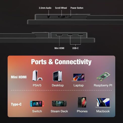 شاشة محمولة 18.5 بوصة، 100 هرتز 100% sRGB، 1080P FHD FreeSync IPS عرض ألعاب لأجهزة الكمبيوتر المحمول Mac PC | النوع C HDMI HDR Travel مع مسند لجهاز Xbox PS4/5 Switch in Kuwait