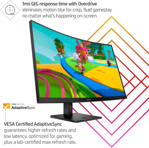 شاشة HP OMEN 32c المنحنية للألعاب مقاس 31.5 بوصة QHD 165 هرتز AMD FreeSync EyeSafe حامل قابل للتعديل معتمد من VESA، 99% sRGB، 90% DCI-P3، 400 شمعة في المتر المربع، لوحدة تحكم الألعاب، الكمبيوتر الشخصي، سطح المكتب - أسود (متجدد) in Kuwait