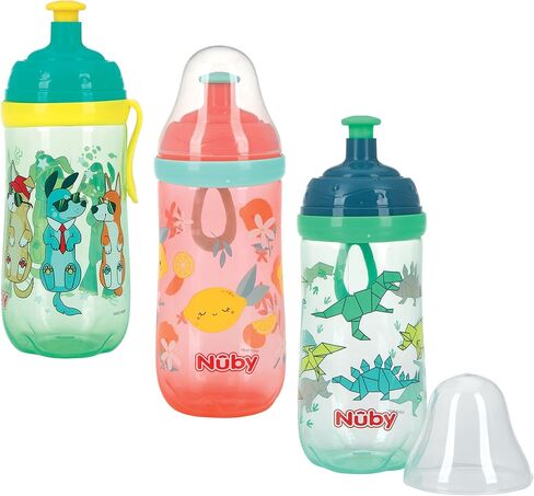 كوب Nuby Busy Sipper بمرحلتين مع فوهة سيليكون مانعة للانسكاب وتدفق حر منبثق، 12 أونصة، متنوع (قد تختلف الألوان/التصميمات)، 6 أشهر فما فوق، 12 أونصة in Saudi Arabia