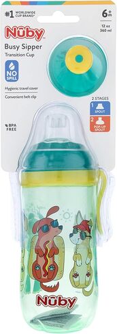 كوب Nuby Busy Sipper بمرحلتين مع فوهة سيليكون مانعة للانسكاب وتدفق حر منبثق، 12 أونصة، متنوع (قد تختلف الألوان/التصميمات)، 6 أشهر فما فوق، 12 أونصة in Saudi Arabia