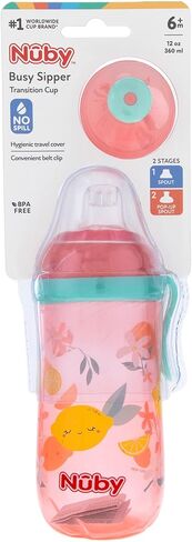كوب Nuby Busy Sipper بمرحلتين مع فوهة سيليكون مانعة للانسكاب وتدفق حر منبثق، 12 أونصة، متنوع (قد تختلف الألوان/التصميمات)، 6 أشهر فما فوق، 12 أونصة in Saudi Arabia