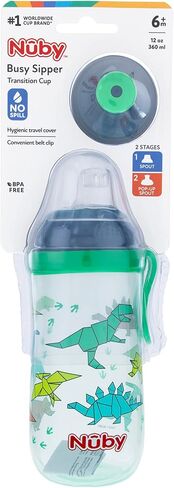 كوب Nuby Busy Sipper بمرحلتين مع فوهة سيليكون مانعة للانسكاب وتدفق حر منبثق، 12 أونصة، متنوع (قد تختلف الألوان/التصميمات)، 6 أشهر فما فوق، 12 أونصة in Saudi Arabia