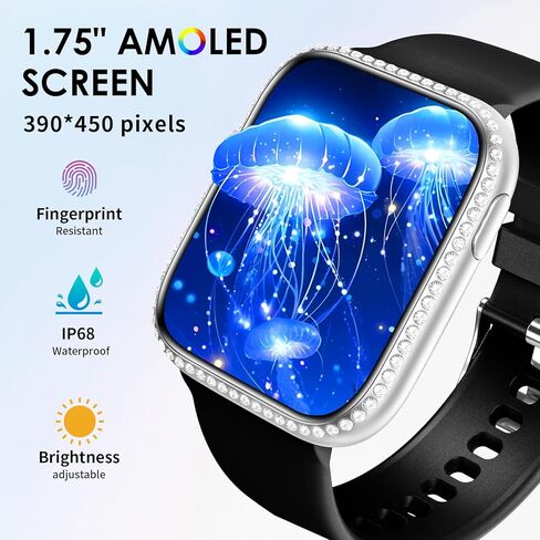 ساعة ذكية للنساء، جهاز تتبع اللياقة البدنية AMOLED مقاس 1.75 بوصة لنظام Android iOS، الرد/إجراء المكالمات مع مراقب معدل ضربات القلب للنوم 130+ وضع رياضي، ساعة ذكية مقاومة للماء IP68 (سوار أسود مع ساعة ذهبية) in Kuwait