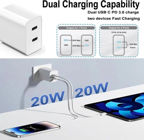 i Phone 15 Charger Fast Charging,Dual Port 20W USB C PD 3.0 Fast Charger with 6FT USB C to USB C Cable Cord for iPhone 15 Pro Max /15Pro/15 Plus/15, Pad Pro/Air/Mini 6 and more in Saudi Arabia