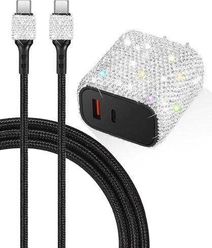 شاحن حائط Bling USB C، محول شحن سريع بمنفذ مزدوج 20 وات PD + QC مع كابل شحن 3.2FT من النوع C متوافق مع iPhone 15 Pro Max iPad Android S23/S22/S21/S20 Plus/Ultra/S10/Note 20/10 (وردي) ) in Kuwait