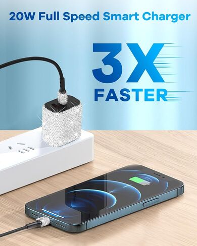 شاحن حائط Bling USB C، محول شحن سريع بمنفذ مزدوج 20 وات PD + QC مع كابل شحن 3.2FT من النوع C متوافق مع iPhone 15 Pro Max iPad Android S23/S22/S21/S20 Plus/Ultra/S10/Note 20/10 (وردي) ) in Kuwait