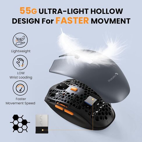 ماوس ProtoArc Solight لاسلكي بلوتوث، 55 جرام ماوس لاسلكي خفيف الوزن، 2.4 جيجا ماوس لاسلكي هادئ قابل لإعادة الشحن مع 3 وصلات للأجهزة، 3 نقطة لكل بوصة قابلة للتعديل، تصميم هيكل عظمي للكمبيوتر الشخصي، Ipad، Mac، Windows in Saudi Arabia