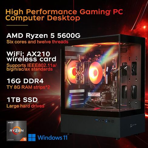 Gaming PC Computer Desktop AMD Ryzen 5 5600G 6 Core 3.9GHz, 16GB DDR4 3200MHz RAM, 1TB M.2 NVMe, Four Copper Air Cooled, WiFi 6E/ARGB Fan*3/Controller*1 Windows 11 Home Office PC (AMD R 5 | 5600G) in Saudi Arabia