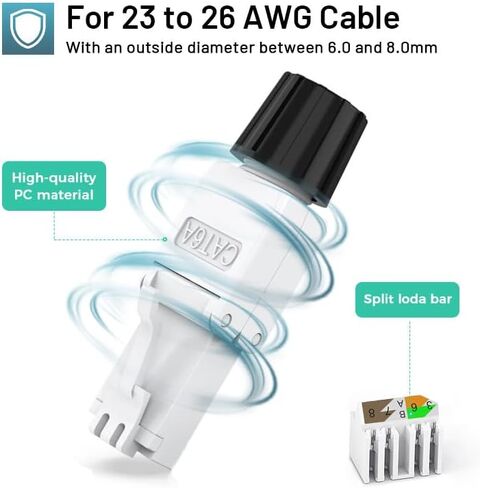 موصل Cat6A Cat6 RJ45 بدون أدوات، قابس وحدات إنهاء المجال UTP Cat 6a لكابل إيثرنت غير محمي 23-26 AWG، 6 عبوات in Kuwait