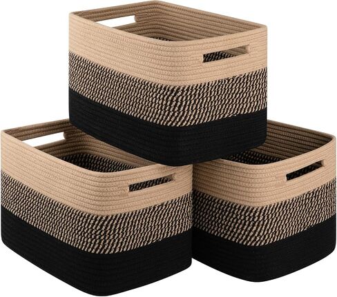 Cotton Rope Storage Basket, Woven Basket for Organizing, Rectangle Decorative Baskets for Shleves, Books, Toys, Towel Baskets for Bathroom - Pack of 3 (Black & Brown) in Saudi Arabia