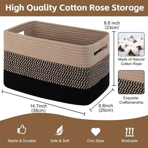 Cotton Rope Storage Basket, Woven Basket for Organizing, Rectangle Decorative Baskets for Shleves, Books, Toys, Towel Baskets for Bathroom - Pack of 3 (Black & Brown) in Saudi Arabia