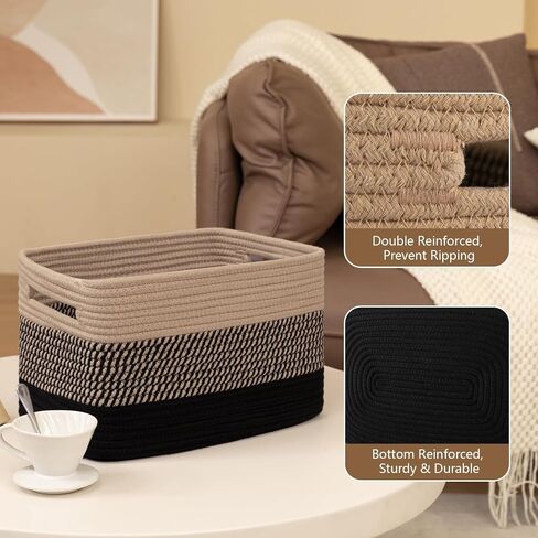 Cotton Rope Storage Basket, Woven Basket for Organizing, Rectangle Decorative Baskets for Shleves, Books, Toys, Towel Baskets for Bathroom - Pack of 3 (Black & Brown) in Saudi Arabia