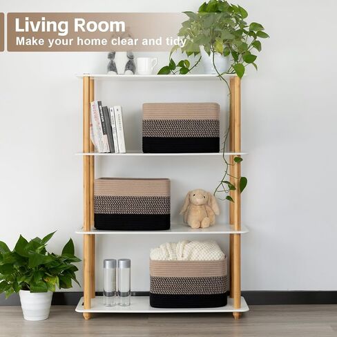 Cotton Rope Storage Basket, Woven Basket for Organizing, Rectangle Decorative Baskets for Shleves, Books, Toys, Towel Baskets for Bathroom - Pack of 3 (Black & Brown) in Saudi Arabia