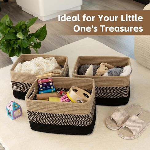 Cotton Rope Storage Basket, Woven Basket for Organizing, Rectangle Decorative Baskets for Shleves, Books, Toys, Towel Baskets for Bathroom - Pack of 3 (Black & Brown) in Saudi Arabia