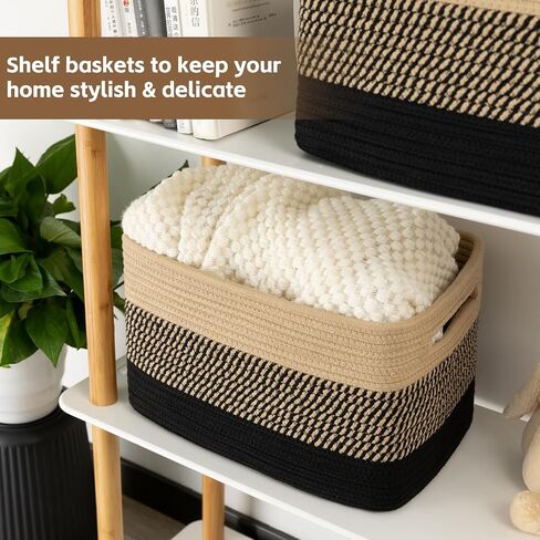 Cotton Rope Storage Basket, Woven Basket for Organizing, Rectangle Decorative Baskets for Shleves, Books, Toys, Towel Baskets for Bathroom - Pack of 3 (Black & Brown) in Saudi Arabia