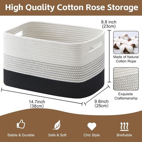 Cotton Rope Storage Basket, Woven Basket for Organizing, Rectangle Decorative Baskets for Shleves, Books, Toys, Towel Baskets for Bathroom - Pack of 3 (Black & Brown) in Saudi Arabia