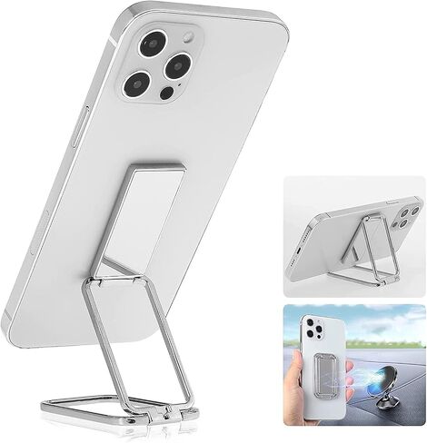 Ring Holder Finger Kickstand Foldable Adjustable Compatible with Mobile Devices from 4-7 Inches, 360° Rotatable with Magnetic Car Mount, Silver in Saudi Arabia