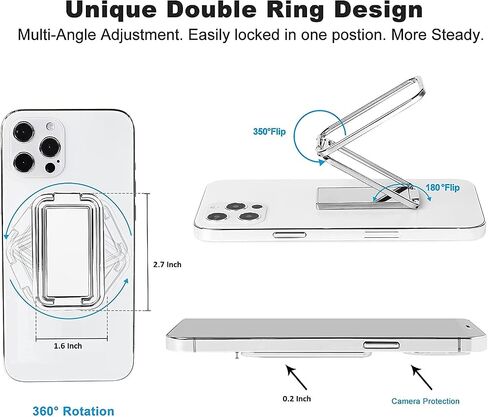 Ring Holder Finger Kickstand Foldable Adjustable Compatible with Mobile Devices from 4-7 Inches, 360° Rotatable with Magnetic Car Mount, Silver in Saudi Arabia