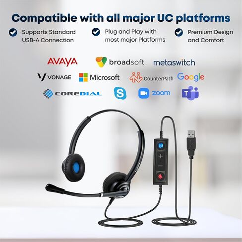 VoicePro 20 Professional Home Office and Call Center USB Headset with Noise Canceling Microphone, HD Speakers and in Line Call Controls with Mute, Compatible with All UC Voice Platforms. in Kuwait