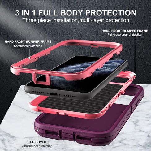 for iPhone 11 Pro Max Case, Military Grade 3 in 1 Heavy Duty Shockproof/Drop Proof/Dust Proof Case with 2Pcs Tempered Glass Screen Protector (Aqua Blue/Pink) in Saudi Arabia