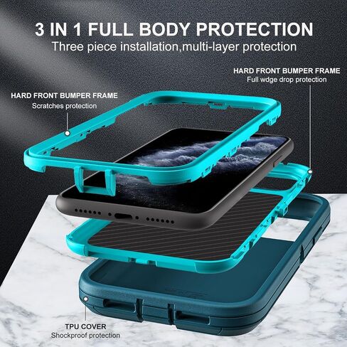 for iPhone 11 Pro Max Case, Military Grade 3 in 1 Heavy Duty Shockproof/Drop Proof/Dust Proof Case with 2Pcs Tempered Glass Screen Protector (Aqua Blue/Pink) in Saudi Arabia