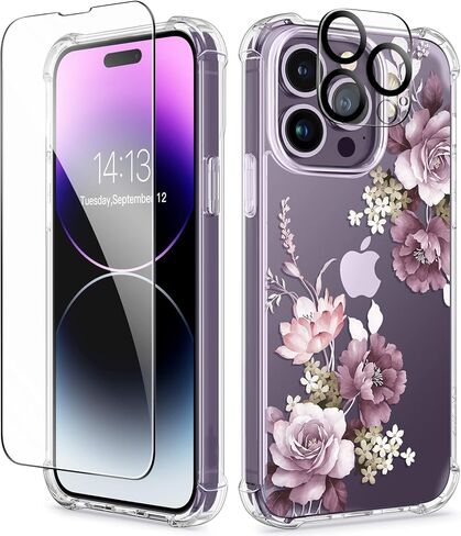 حافظة GVIEWIN لهاتف iPhone 14 Pro مع واقي شاشة وواقي عدسة الكاميرا، غطاء هاتف نسائي صلب مقاوم للصدمات من مادة TPU + غطاء هاتف نسائي ممتص للصدمات لهاتف 14 Pro، 6.1 بوصة (أزهار الكرز/أرجواني) in Kuwait
