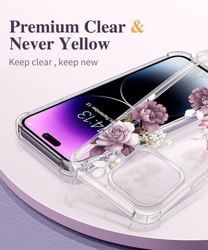 حافظة GVIEWIN لهاتف iPhone 14 Pro مع واقي شاشة وواقي عدسة الكاميرا، غطاء هاتف نسائي صلب مقاوم للصدمات من مادة TPU + غطاء هاتف نسائي ممتص للصدمات لهاتف 14 Pro، 6.1 بوصة (أزهار الكرز/أرجواني) in Kuwait