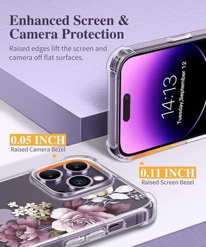 حافظة GVIEWIN لهاتف iPhone 14 Pro مع واقي شاشة وواقي عدسة الكاميرا، غطاء هاتف نسائي صلب مقاوم للصدمات من مادة TPU + غطاء هاتف نسائي ممتص للصدمات لهاتف 14 Pro، 6.1 بوصة (أزهار الكرز/أرجواني) in Kuwait