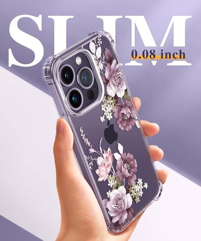 حافظة GVIEWIN لهاتف iPhone 14 Pro مع واقي شاشة وواقي عدسة الكاميرا، غطاء هاتف نسائي صلب مقاوم للصدمات من مادة TPU + غطاء هاتف نسائي ممتص للصدمات لهاتف 14 Pro، 6.1 بوصة (أزهار الكرز/أرجواني) in Kuwait