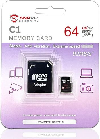 بطاقة ذاكرة Anpviz Ultra MicroSDXC UHS-I سعة 64 جيجابايت مع محول - 120 ميجابايت/ثانية، C10، U1، Full HD، A1، بطاقة Micro SD in Kuwait