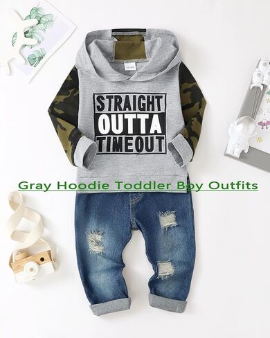 Renotemy 3 4 سنوات من العمر الصبي ملابس الطفل الصبي هوديي الشتاء قمم جرزاية جاكيتات الجينز السراويل الزي مجموعة 3T-4T الصبي الملابس كامو رمادي in Kuwait