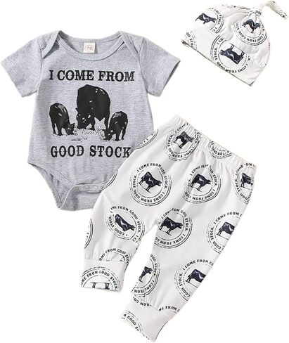 3Pcs Western Newborn Baby Boy Cowboy Clothes New to The Herd Letter Cow Print Bodysuit Jogger Pant Coming Home Outfit (A-Grey, 0-3 Months) in Kuwait