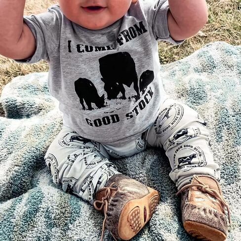 3Pcs Western Newborn Baby Boy Cowboy Clothes New to The Herd Letter Cow Print Bodysuit Jogger Pant Coming Home Outfit (A-Grey, 0-3 Months) in Kuwait