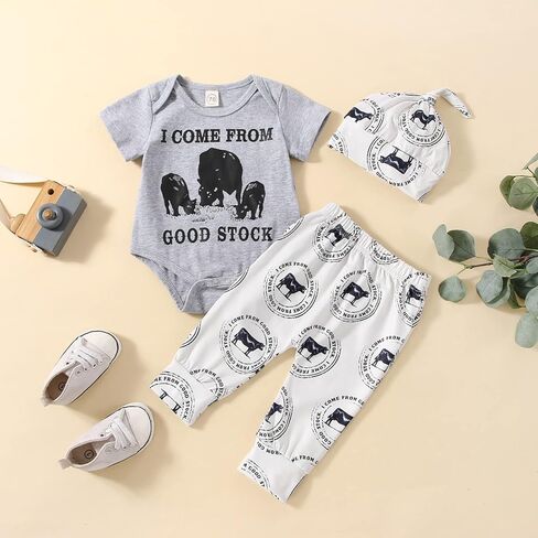 3Pcs Western Newborn Baby Boy Cowboy Clothes New to The Herd Letter Cow Print Bodysuit Jogger Pant Coming Home Outfit (A-Grey, 0-3 Months) in Kuwait