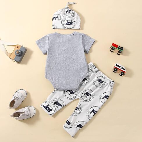 3Pcs Western Newborn Baby Boy Cowboy Clothes New to The Herd Letter Cow Print Bodysuit Jogger Pant Coming Home Outfit (A-Grey, 0-3 Months) in Kuwait