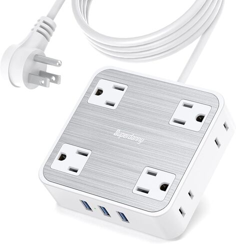 SUPERDANNY Power Strip Surge Protector with 3 USB Ports, 8 Widely Spaced Outlets, Flat Plug, 5 Ft Extension Cord, 1050 Joules, Wall Mount, Compact Size Space Save, Stylish Brushed Finish, White in Saudi Arabia