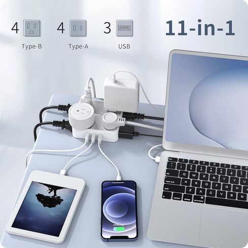 SUPERDANNY Power Strip Surge Protector with 3 USB Ports, 8 Widely Spaced Outlets, Flat Plug, 5 Ft Extension Cord, 1050 Joules, Wall Mount, Compact Size Space Save, Stylish Brushed Finish, White in Saudi Arabia