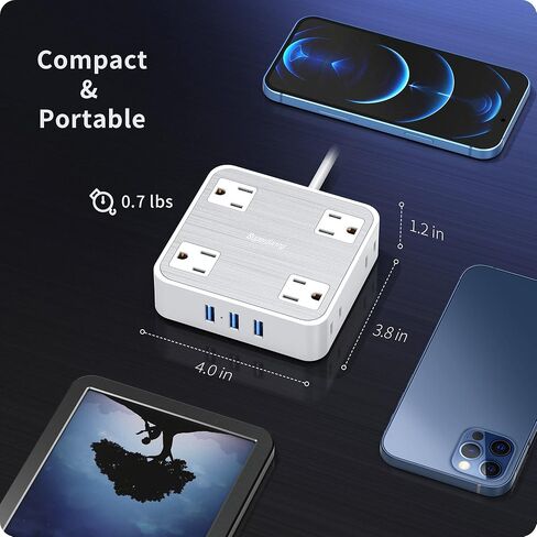 SUPERDANNY Power Strip Surge Protector with 3 USB Ports, 8 Widely Spaced Outlets, Flat Plug, 5 Ft Extension Cord, 1050 Joules, Wall Mount, Compact Size Space Save, Stylish Brushed Finish, White in Saudi Arabia