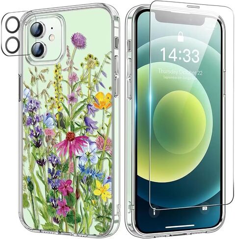 bicol for iPhone 12 Case with Screen Protector and Camera Lens Protector - Fashionable Flower Floral Designs for Women Girls - Shockproof Acrylic Clear Phone Cover 6.1" - Alpaca in Saudi Arabia