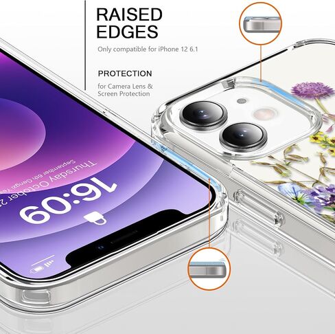 bicol for iPhone 12 Case with Screen Protector and Camera Lens Protector - Fashionable Flower Floral Designs for Women Girls - Shockproof Acrylic Clear Phone Cover 6.1" - Alpaca in Saudi Arabia