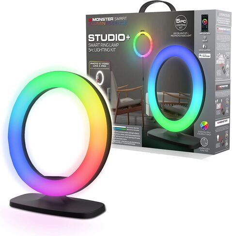 Monster Studio + مصباح حلقي ذكي ومجموعة تسجيل فيديو LED، يتضمن حامل ثلاثي الأرجل/حامل الهاتف بين الملحقات، إضاءة LED متعددة الألوان/بيضاء قابلة للتخصيص مع تطبيق قابل للتنزيل، وضع ساعة LED ملونة in Kuwait