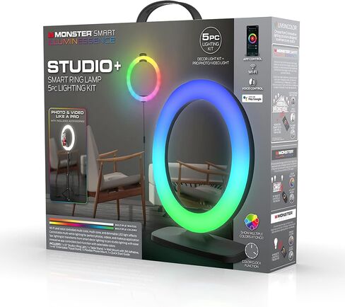 Monster Studio + مصباح حلقي ذكي ومجموعة تسجيل فيديو LED، يتضمن حامل ثلاثي الأرجل/حامل الهاتف بين الملحقات، إضاءة LED متعددة الألوان/بيضاء قابلة للتخصيص مع تطبيق قابل للتنزيل، وضع ساعة LED ملونة in Kuwait