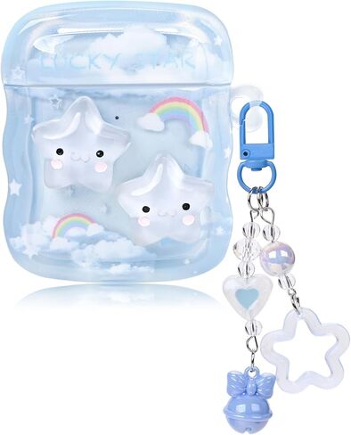 حافظة Airpod شفافة لطيفة مع سلسلة مفاتيح على شكل قلب الحب متوافقة مع حافظة الجيل الثاني/الأول من Kawaii Star Airpods للنساء والفتيات in Kuwait