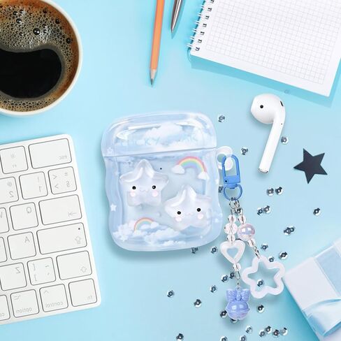 حافظة Airpod شفافة لطيفة مع سلسلة مفاتيح على شكل قلب الحب متوافقة مع حافظة الجيل الثاني/الأول من Kawaii Star Airpods للنساء والفتيات in Kuwait
