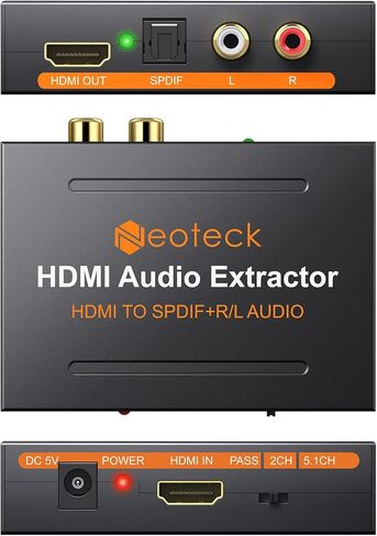 Neoteck 1080P HDMI مستخرج الصوت، HDMI إلى HDMI + TOSLINK SPDIF البصري + محول مقسم الصوت والفيديو التناظري RCA L/R لمشغل Blu-ray DVD Sky HD Box PS3 PS4 in Kuwait