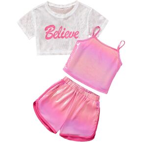 SOLY HUX Toddler Girl's 3 Piece Outfits Letter Print Mesh Short Sleeve Tee and Cami Tops with Shorts Clothing Sets