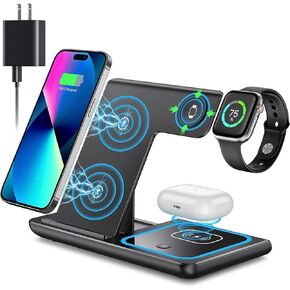 Wireless Charger, 3 in 1 Wireless Charging Station, Fast Wireless Charger Stand for iPhone 15 14 13 12 11 Pro Max XR XS 8 Plus, for Apple Watch 8 7 6 5