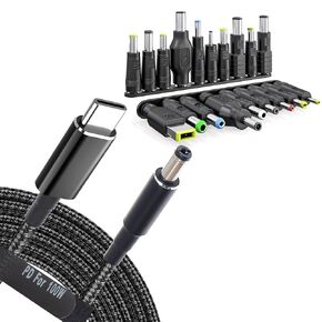 USB C to DC Adapters 19 Set Power Plug Kit - Universal Charger Supply Cable Braided PD Cord & 5.5x2.1mm Round Barrel Jack for MSI Acer Asus Thinkpad IBM Lenovo Dell HP Laptop Charging Connector Tips